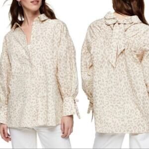 NWT Topshop Cheetah Print Poplin Button Down Long Sleeve Tie Top Size 8